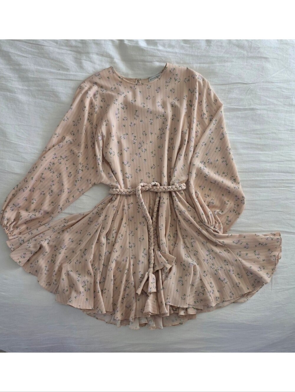 Gianni Bini Floral Mini Dress Balloon Sleeve Braided Belt Blush Pink S
